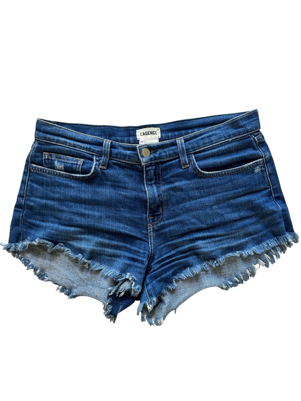 L'AGENCE Dark Blue Distressed Denim Cutoff Shorts